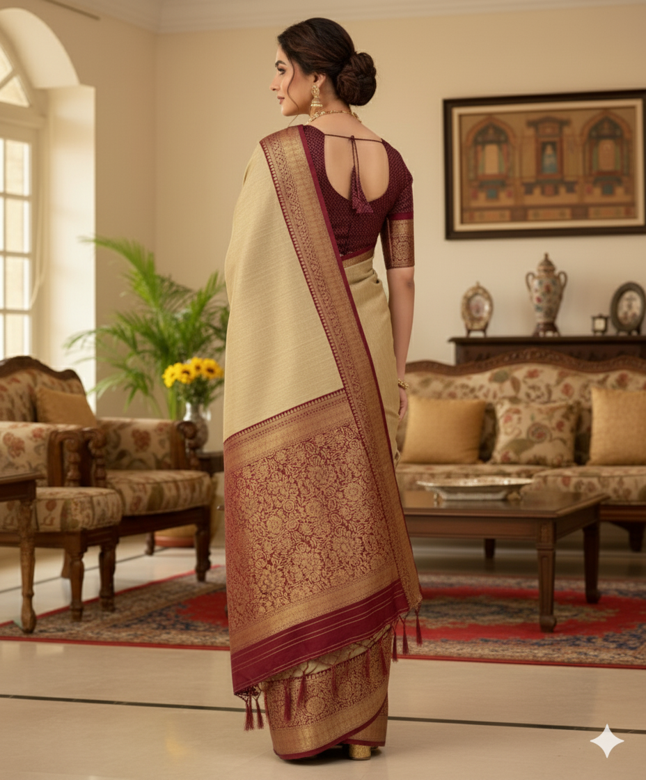 Soft dola silk saree/ajarakh pallu and ajarakh blouse