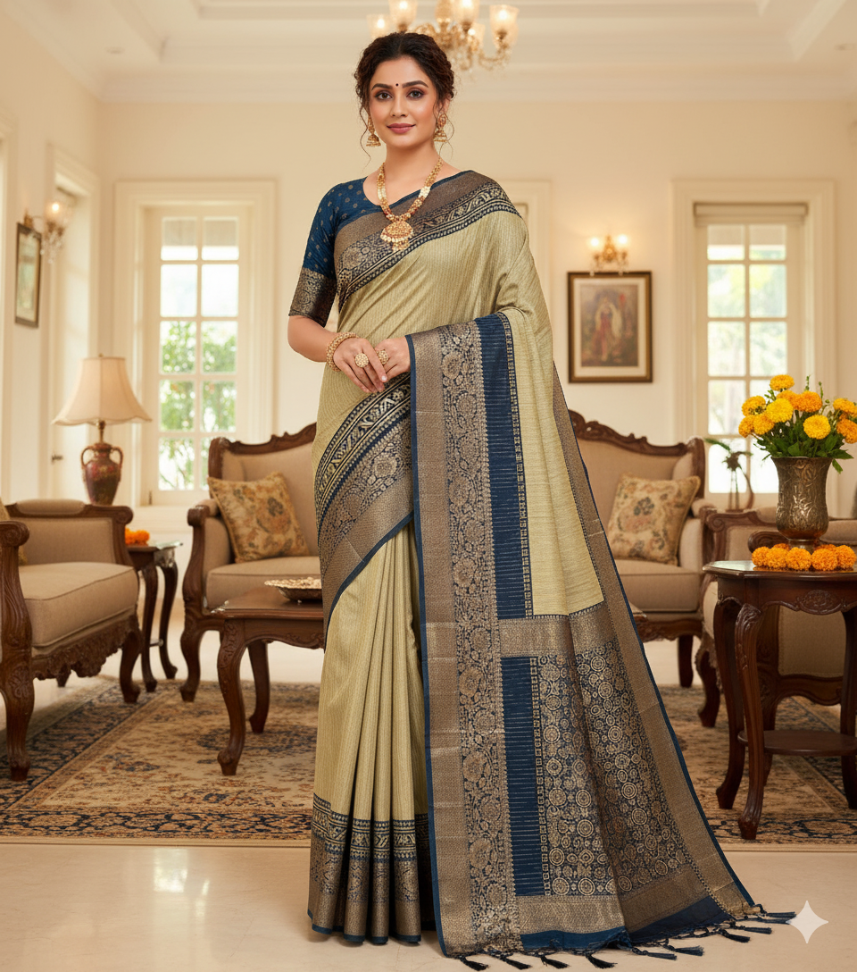 Soft dola silk saree/ajarakh pallu and ajarakh blouse