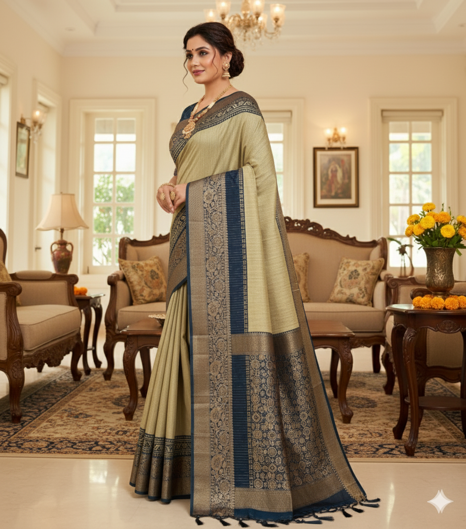Soft dola silk saree/ajarakh pallu and ajarakh blouse