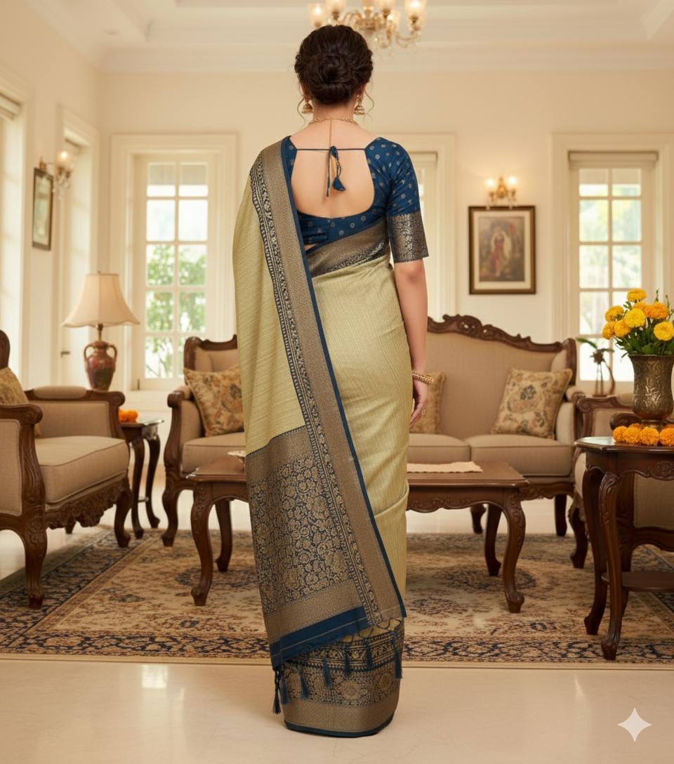 Soft dola silk saree/ajarakh pallu and ajarakh blouse