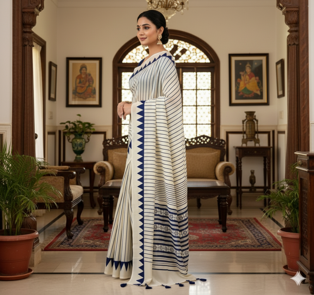 Pure crepe satin with ajrak lahariya printed saree rich pallu with heavy tussles