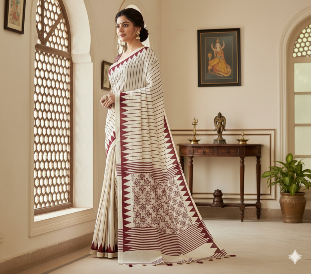 Pure crepe satin with ajrak lahariya printed saree rich pallu with heavy tussles